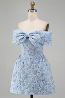 Load image into Gallery viewer, Blue A Line Floral Off the Shoulder Short Homecoming Dress with Bow