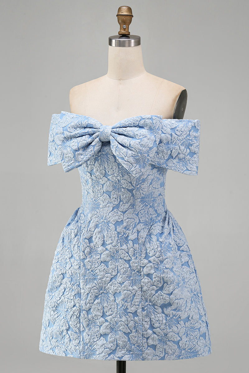 Load image into Gallery viewer, Blue A Line Floral Off the Shoulder Short Homecoming Dress with Bow