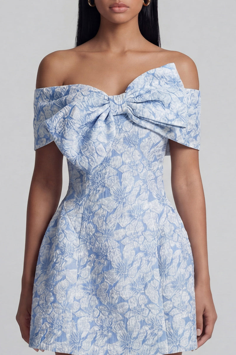 Load image into Gallery viewer, Blue A Line Floral Off the Shoulder Short Homecoming Dress with Bow