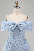 Load image into Gallery viewer, Blue A Line Floral Off the Shoulder Short Homecoming Dress with Bow
