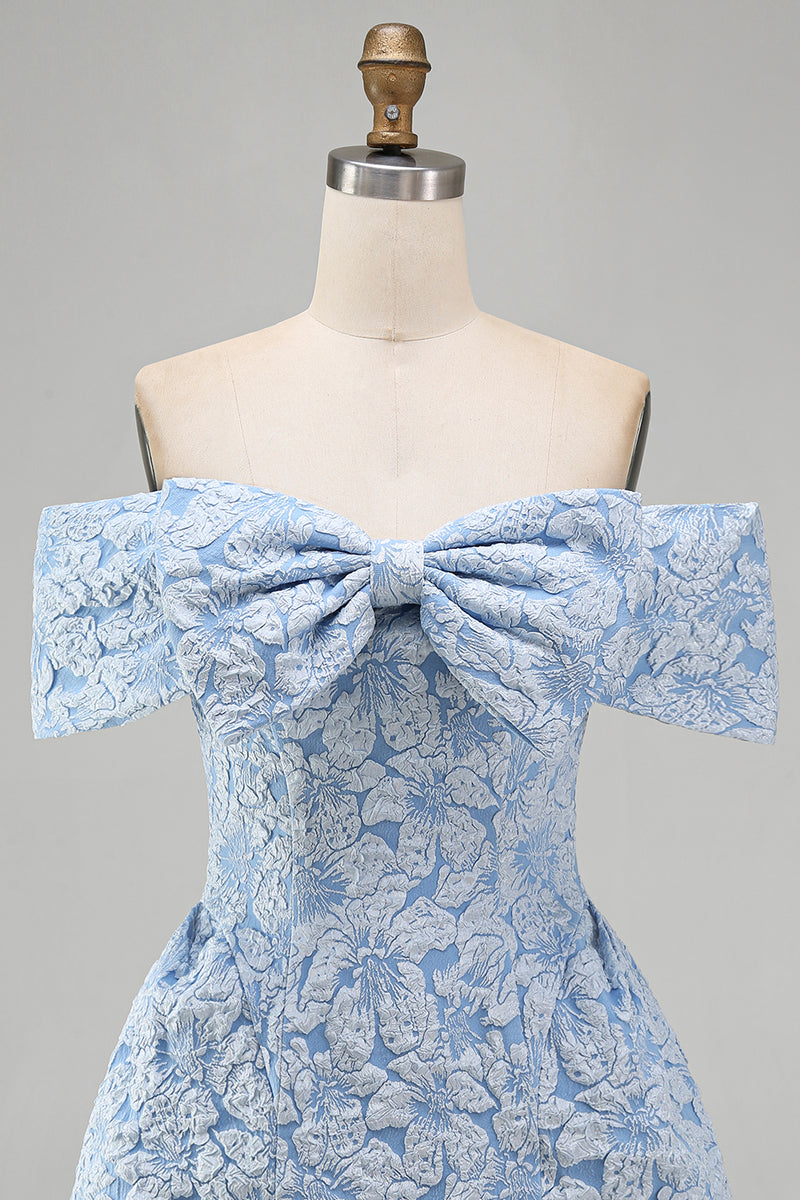Load image into Gallery viewer, Blue A Line Floral Off the Shoulder Short Homecoming Dress with Bow