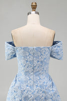 Load image into Gallery viewer, Blue A Line Floral Off the Shoulder Short Homecoming Dress with Bow