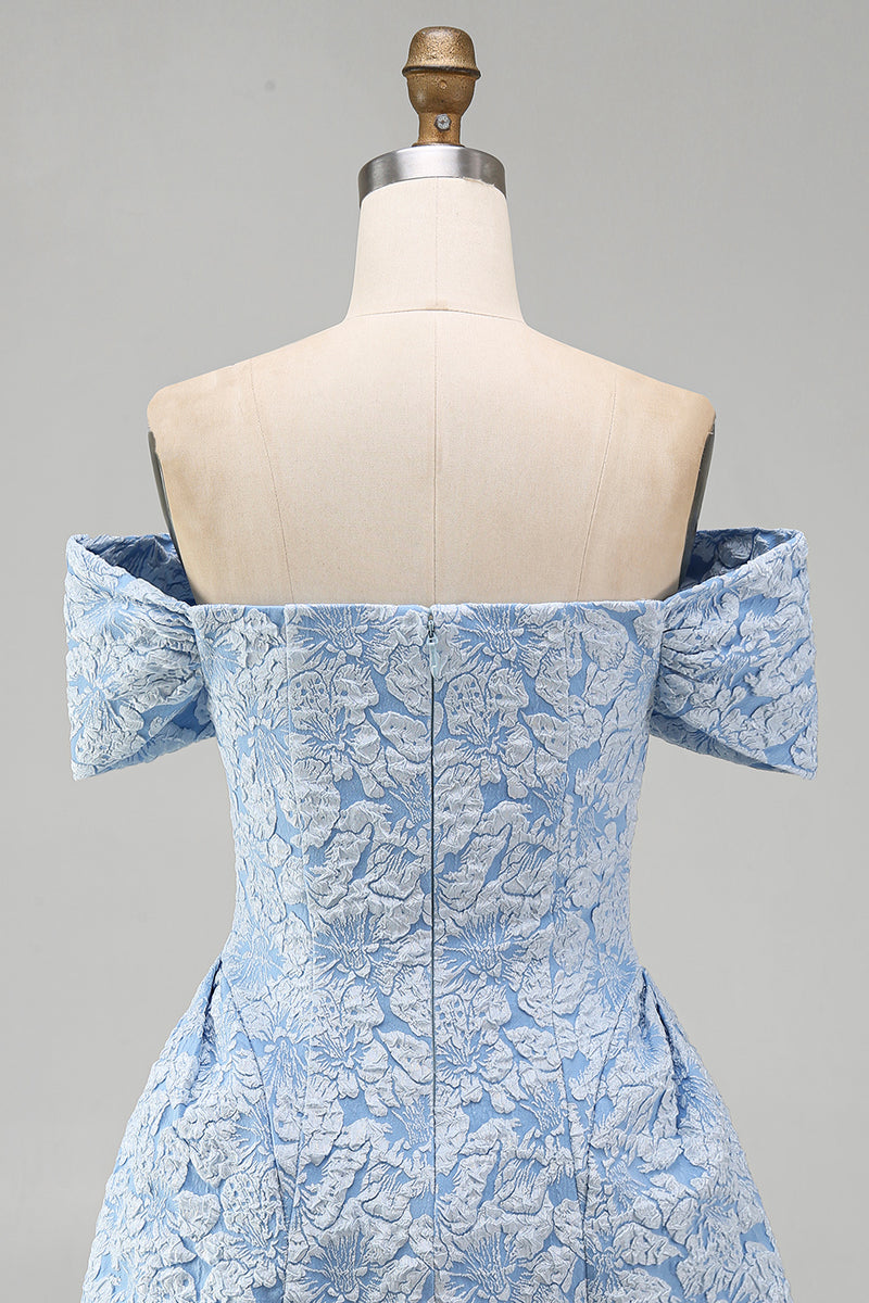 Load image into Gallery viewer, Blue A Line Floral Off the Shoulder Short Homecoming Dress with Bow