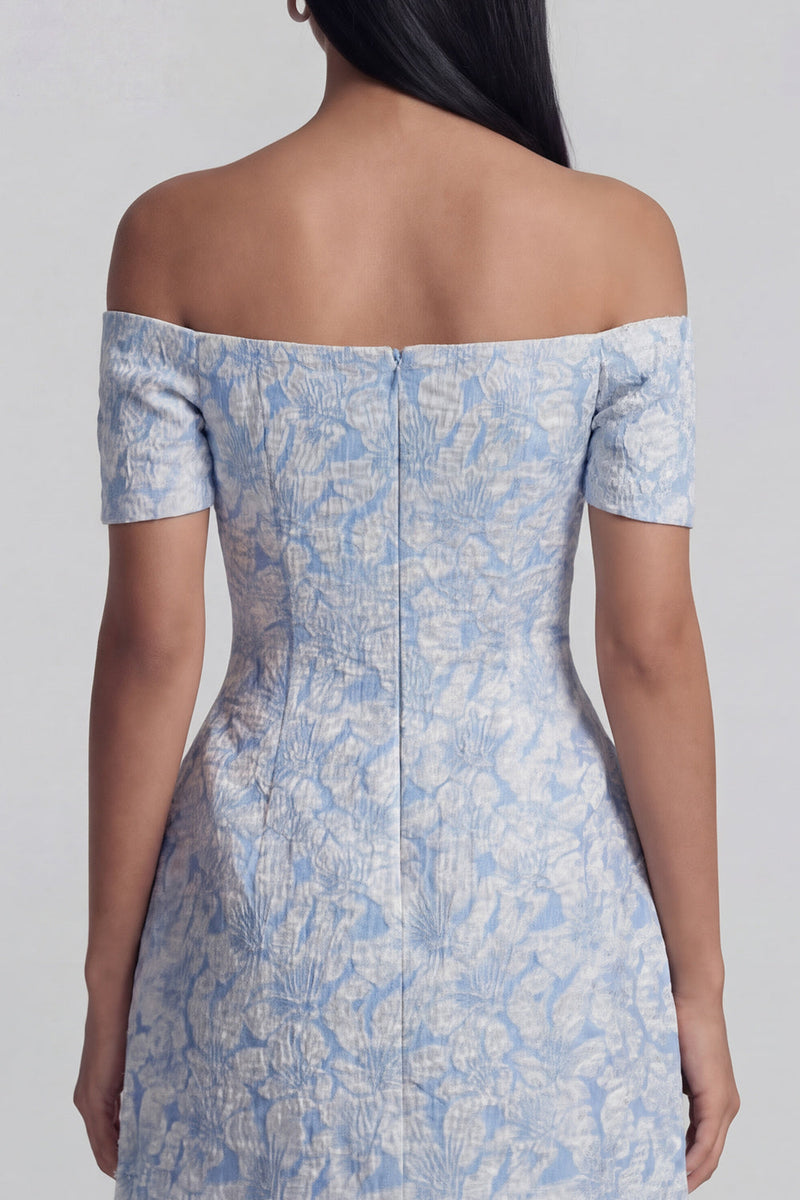 Load image into Gallery viewer, Blue A Line Floral Off the Shoulder Short Homecoming Dress with Bow