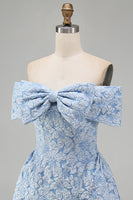 Load image into Gallery viewer, Blue A Line Floral Off the Shoulder Short Homecoming Dress with Bow