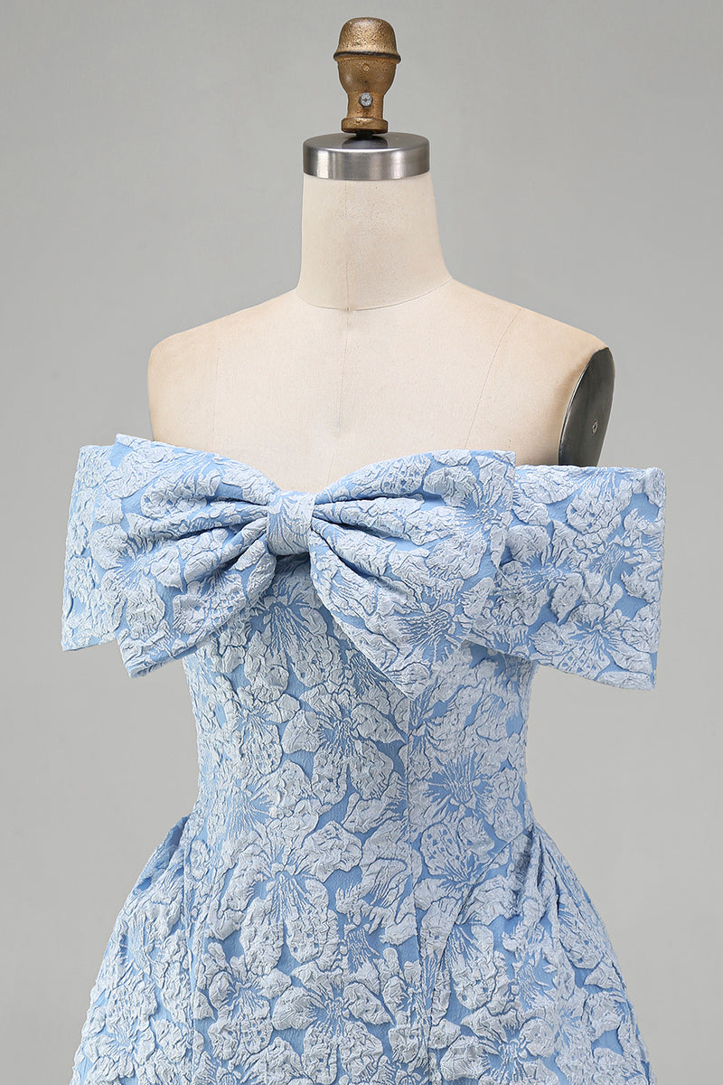 Load image into Gallery viewer, Blue A Line Floral Off the Shoulder Short Homecoming Dress with Bow