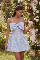 Load image into Gallery viewer, Blue A Line Strapless Short Floral Homecoming Dress with Bow