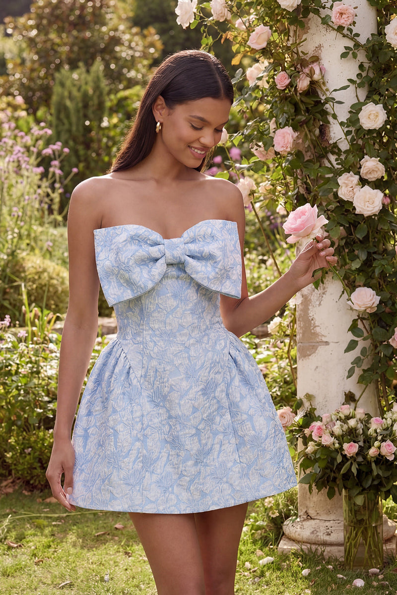 Load image into Gallery viewer, Blue A Line Strapless Short Floral Homecoming Dress with Bow