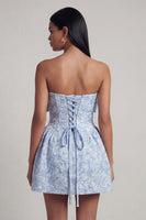 Load image into Gallery viewer, Blue A Line Strapless Short Floral Homecoming Dress with Bow