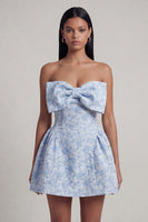 Load image into Gallery viewer, Blue A Line Strapless Short Floral Homecoming Dress with Bow
