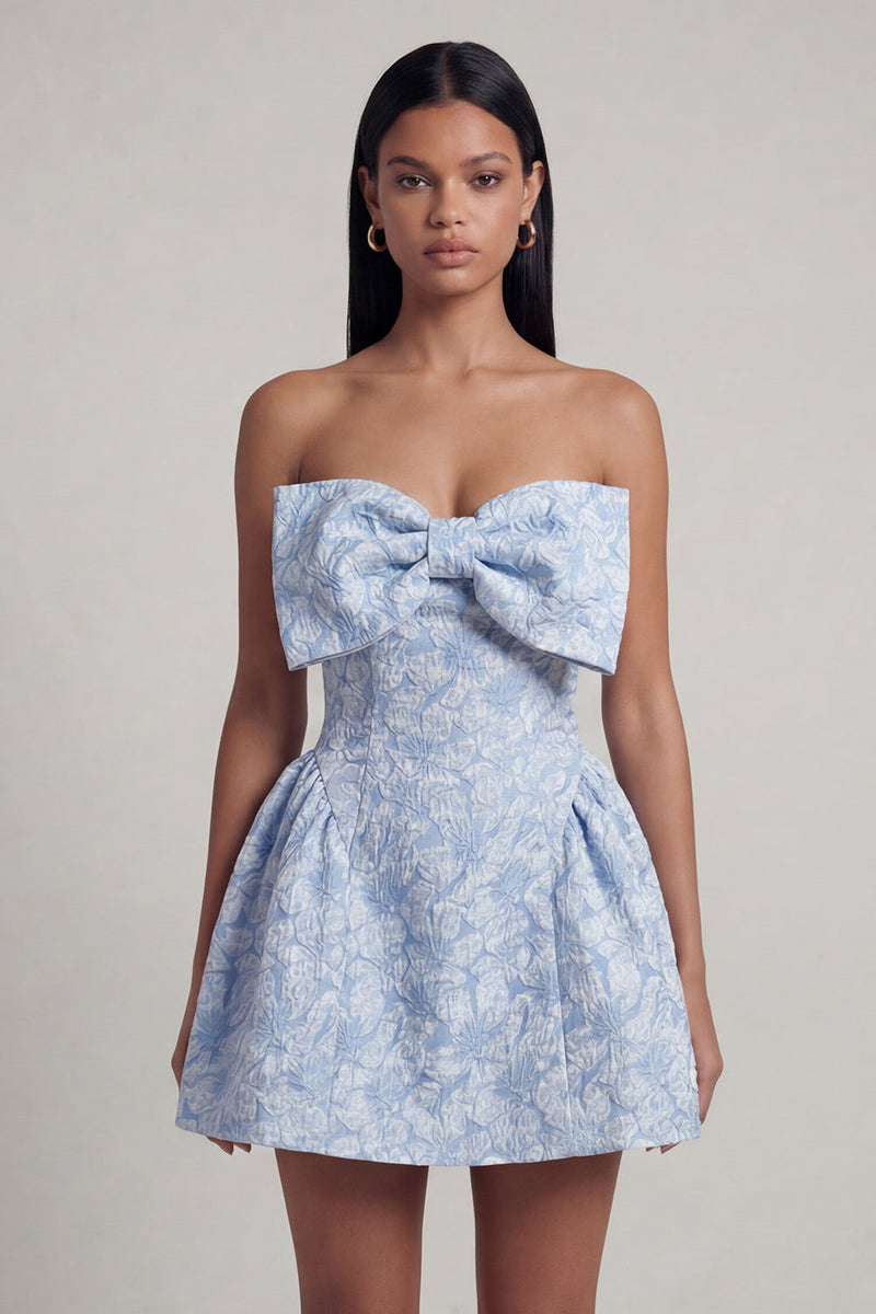 Load image into Gallery viewer, Blue A Line Strapless Short Floral Homecoming Dress with Bow