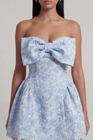 Load image into Gallery viewer, Blue A Line Strapless Short Floral Homecoming Dress with Bow