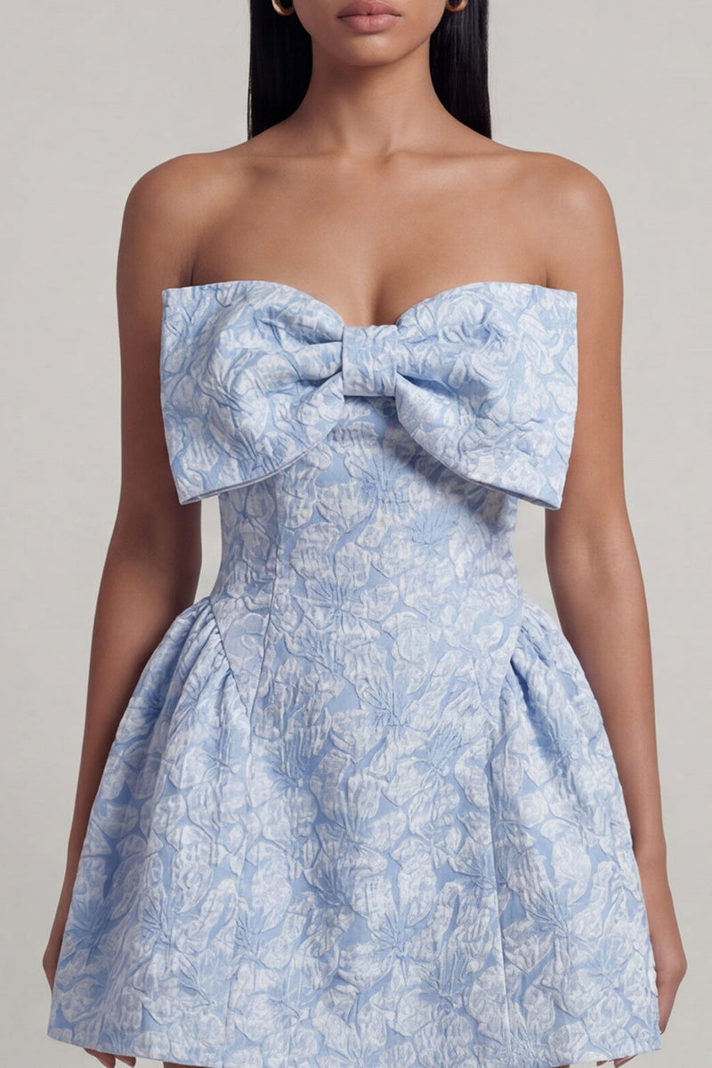Load image into Gallery viewer, Blue A Line Strapless Short Floral Homecoming Dress with Bow