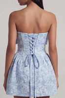Load image into Gallery viewer, Blue A Line Strapless Short Floral Homecoming Dress with Bow