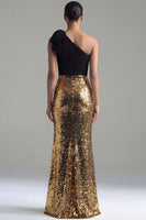 Load image into Gallery viewer, Black and Gold Ruched Glitter Mermaid One Shoulder Long Sequin Formal Dress with Bow