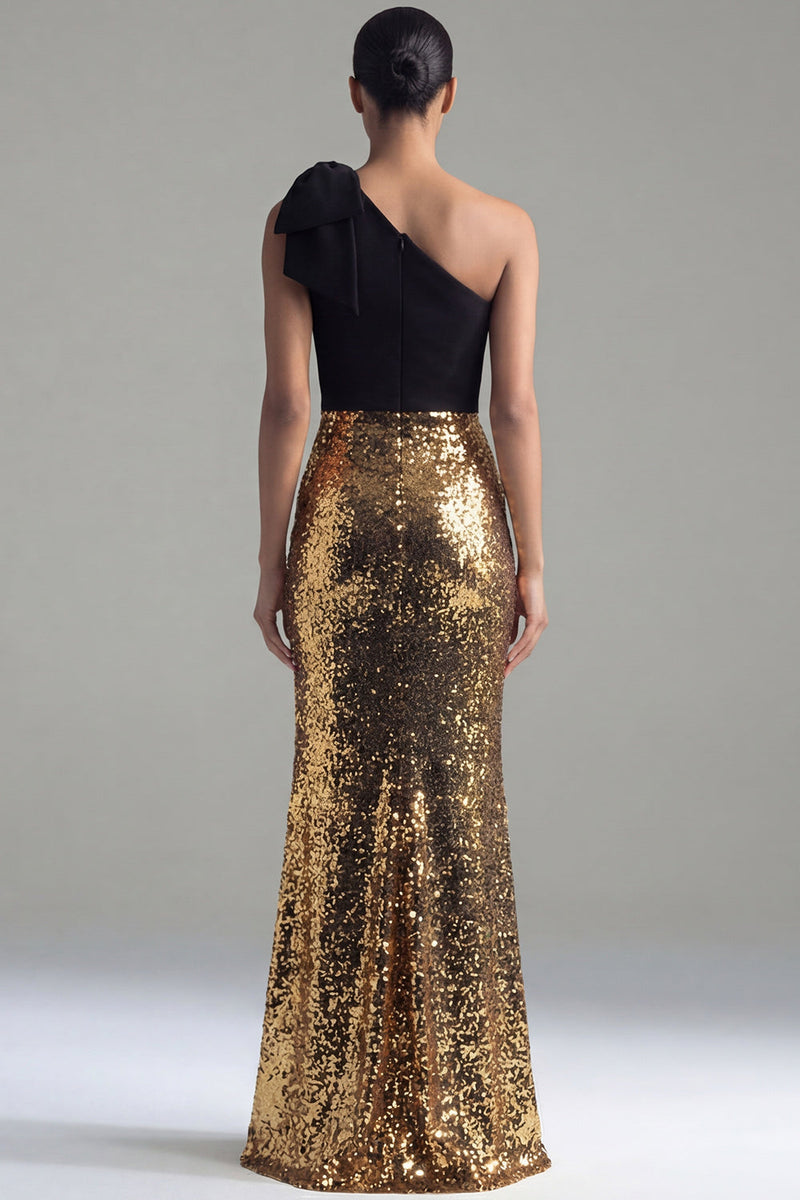 Load image into Gallery viewer, Black and Gold Ruched Glitter Mermaid One Shoulder Long Sequin Formal Dress with Bow