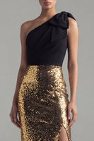 Load image into Gallery viewer, Black and Gold Ruched Glitter Mermaid One Shoulder Long Sequin Formal Dress with Bow