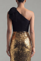 Load image into Gallery viewer, Black and Gold Ruched Glitter Mermaid One Shoulder Long Sequin Formal Dress with Bow