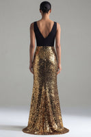Load image into Gallery viewer, Black and Gold Sequin V-Neck Long Glitter Mermaid Formal Dress with Slit