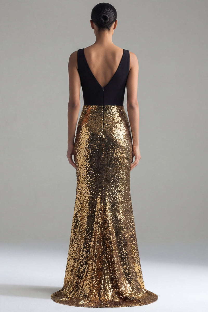 Load image into Gallery viewer, Black and Gold Sequin V-Neck Long Glitter Mermaid Formal Dress with Slit