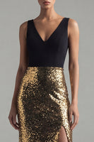 Load image into Gallery viewer, Black and Gold Sequin V-Neck Long Glitter Mermaid Formal Dress with Slit