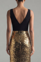 Load image into Gallery viewer, Black and Gold Sequin V-Neck Long Glitter Mermaid Formal Dress with Slit