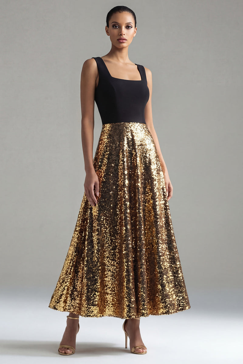 Load image into Gallery viewer, Black and Gold Square Neck Glitter A Line Sequin Maxi Formal Dress