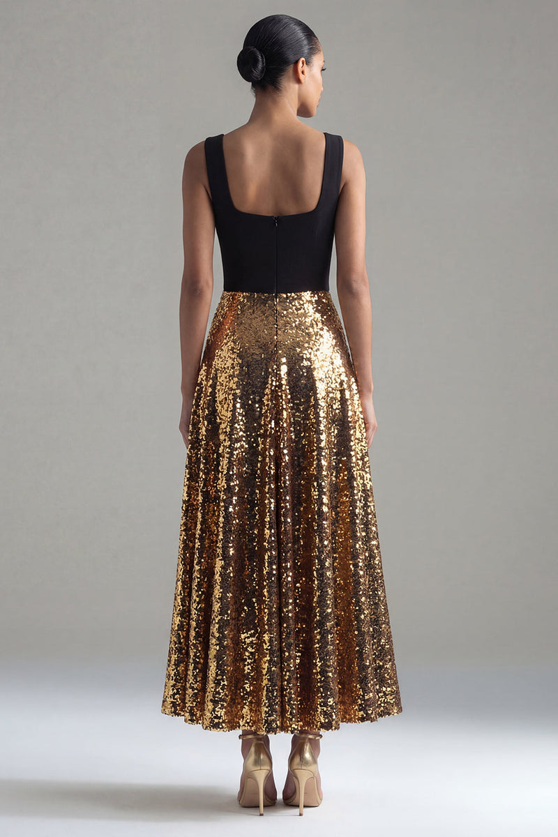 Load image into Gallery viewer, Black and Gold Square Neck Glitter A Line Sequin Maxi Formal Dress