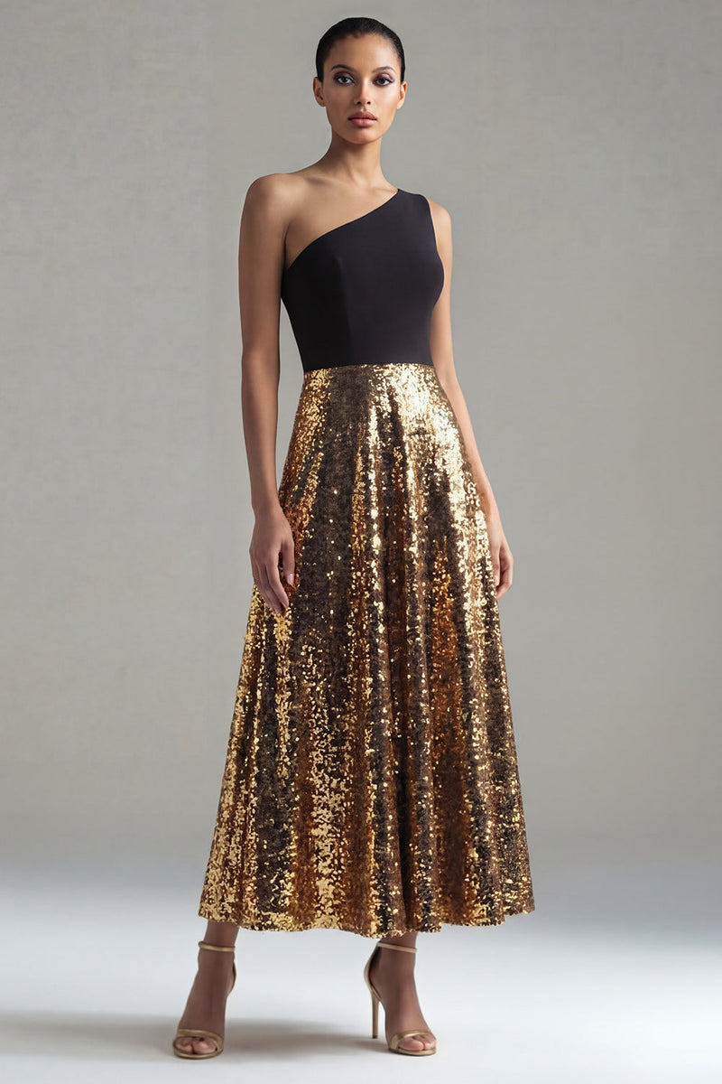 Load image into Gallery viewer, Glitter One Shoulder A Line Black and Gold Sequin Maxi Formal Dress