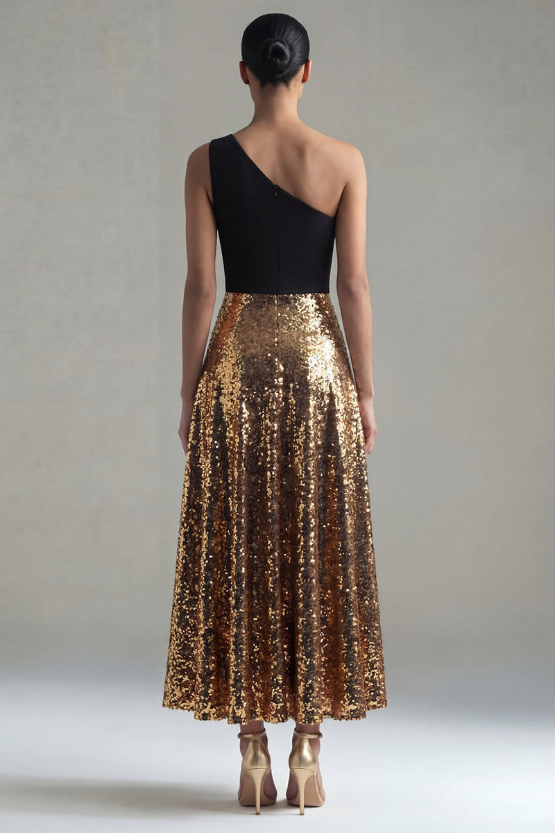 Load image into Gallery viewer, Glitter One Shoulder A Line Black and Gold Sequin Maxi Formal Dress