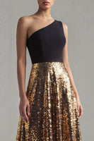 Load image into Gallery viewer, Glitter One Shoulder A Line Black and Gold Sequin Maxi Formal Dress