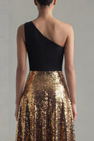 Load image into Gallery viewer, Glitter One Shoulder A Line Black and Gold Sequin Maxi Formal Dress