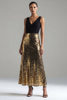 Load image into Gallery viewer, Black and Gold Glitter A Line V-Neck Maxi Sequin Formal Dress