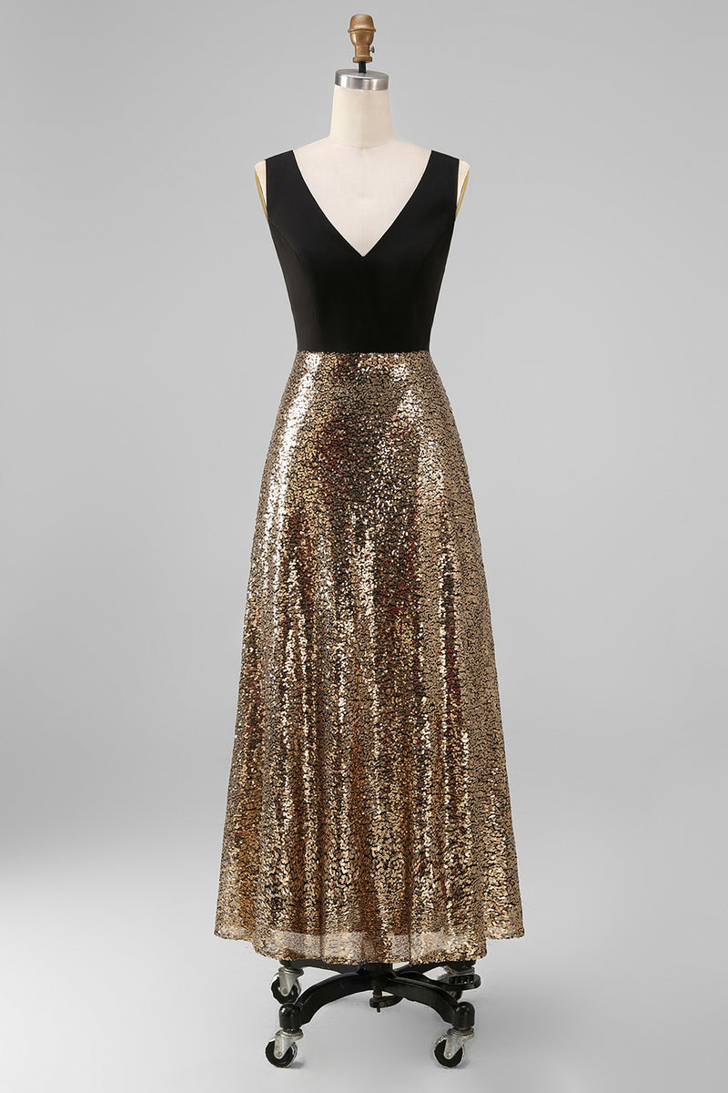 Load image into Gallery viewer, Black and Gold Glitter A Line V-Neck Maxi Sequin Formal Dress