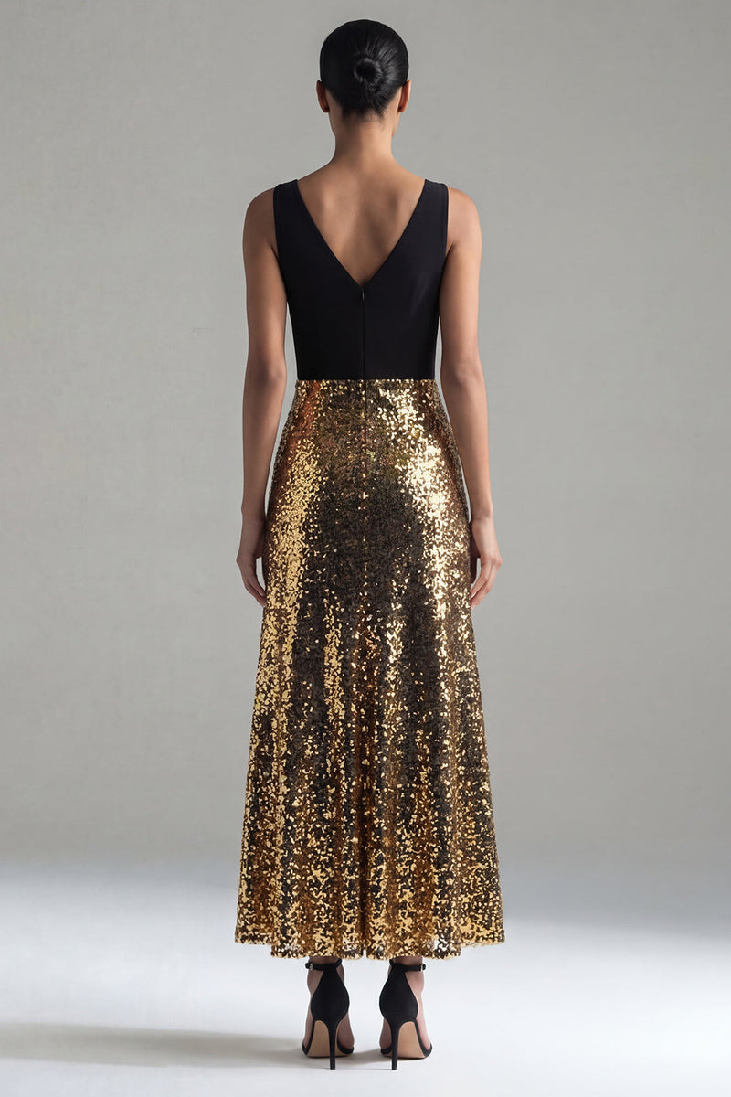 Load image into Gallery viewer, Black and Gold Glitter A Line V-Neck Maxi Sequin Formal Dress
