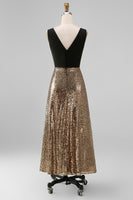 Load image into Gallery viewer, Black and Gold Glitter A Line V-Neck Maxi Sequin Formal Dress