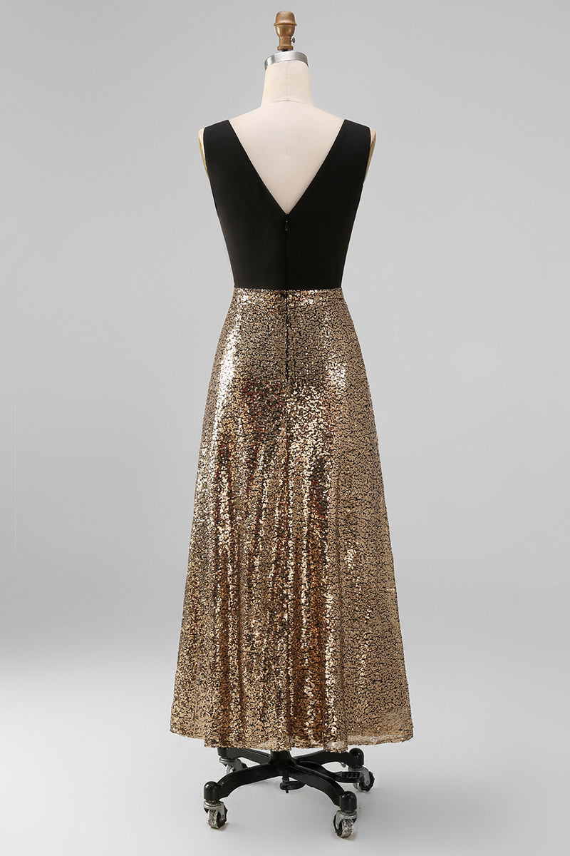 Load image into Gallery viewer, Black and Gold Glitter A Line V-Neck Maxi Sequin Formal Dress