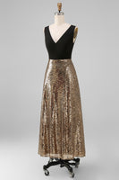 Load image into Gallery viewer, Black and Gold Glitter A Line V-Neck Maxi Sequin Formal Dress