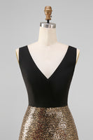 Load image into Gallery viewer, Black and Gold Glitter A Line V-Neck Maxi Sequin Formal Dress
