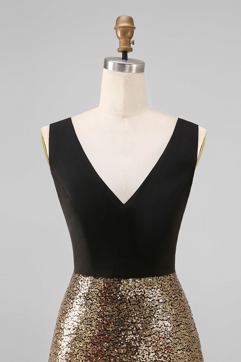Load image into Gallery viewer, Black and Gold Glitter A Line V-Neck Maxi Sequin Formal Dress