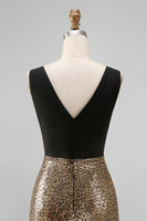 Load image into Gallery viewer, Black and Gold Glitter A Line V-Neck Maxi Sequin Formal Dress