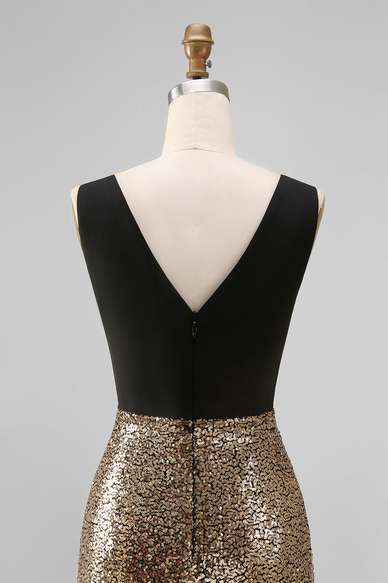 Load image into Gallery viewer, Black and Gold Glitter A Line V-Neck Maxi Sequin Formal Dress