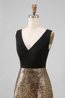 Load image into Gallery viewer, Black and Gold Glitter A Line V-Neck Maxi Sequin Formal Dress