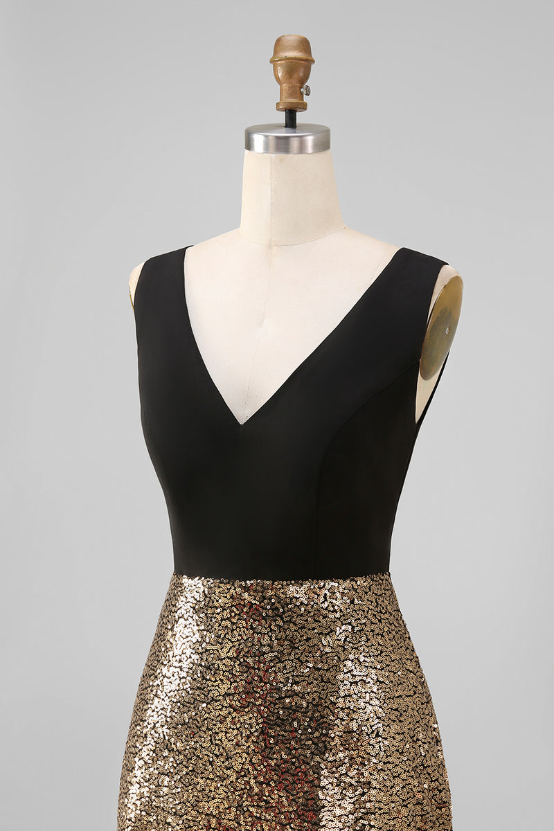 Load image into Gallery viewer, Black and Gold Glitter A Line V-Neck Maxi Sequin Formal Dress