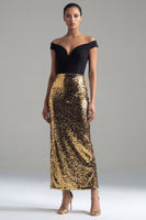 Load image into Gallery viewer, Black and Gold Off the Shoulder Glitter Sheath Maxi Sequin Formal Dress with Back Slit