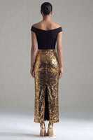 Load image into Gallery viewer, Black and Gold Off the Shoulder Glitter Sheath Maxi Sequin Formal Dress with Back Slit