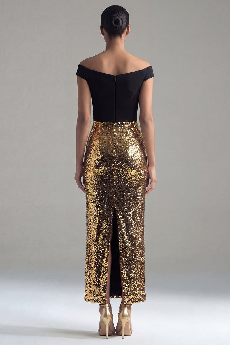 Load image into Gallery viewer, Black and Gold Off the Shoulder Glitter Sheath Maxi Sequin Formal Dress with Back Slit