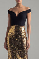Load image into Gallery viewer, Black and Gold Off the Shoulder Glitter Sheath Maxi Sequin Formal Dress with Back Slit