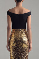 Load image into Gallery viewer, Black and Gold Off the Shoulder Glitter Sheath Maxi Sequin Formal Dress with Back Slit