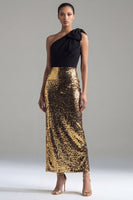 Load image into Gallery viewer, Black and Gold One Shoulder Glitter Sheath Maxi Sequin Formal Dress with Bow